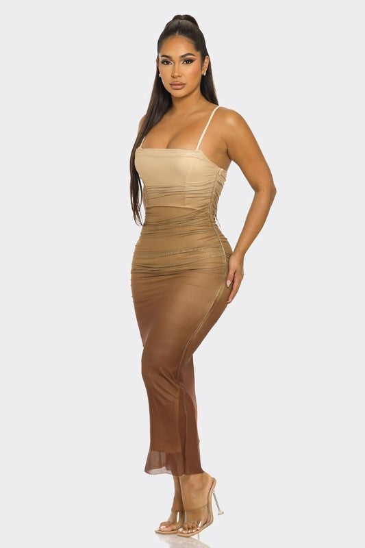 Gradient Ombre Mesh Ruched Bodycon Dress