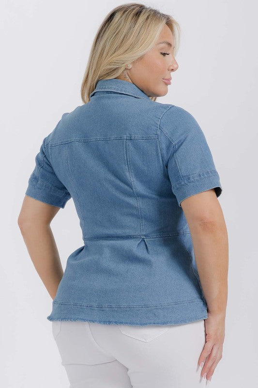 Plus Size Denim Collared Button Down Peplum Shirt