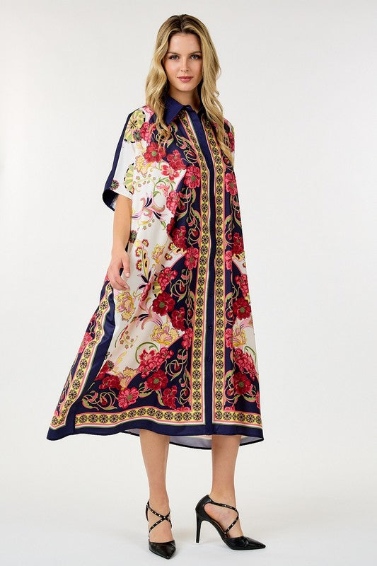 Oversized 3/4 Sleeve Mutli Print Relaxed Dress