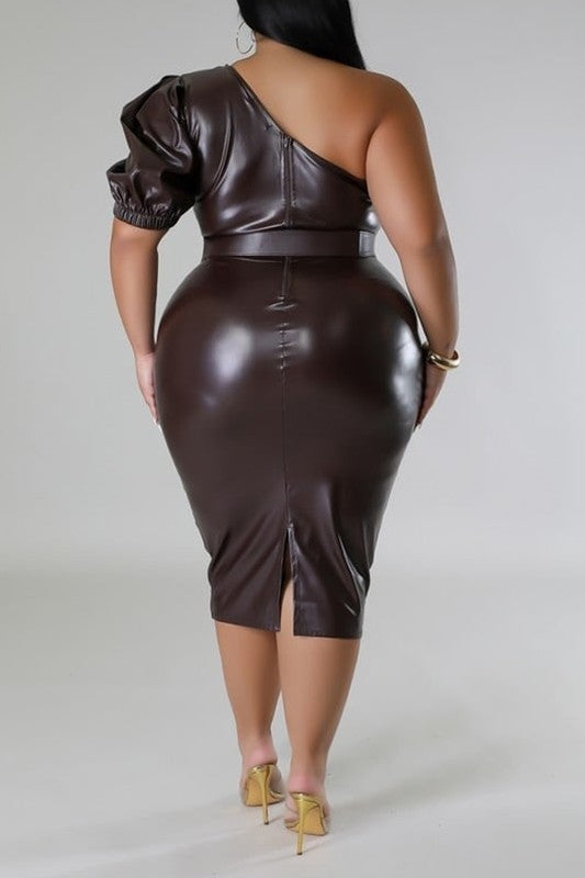 Plus Size Faux Leather One Shoulder Solid Black Midi Dress
