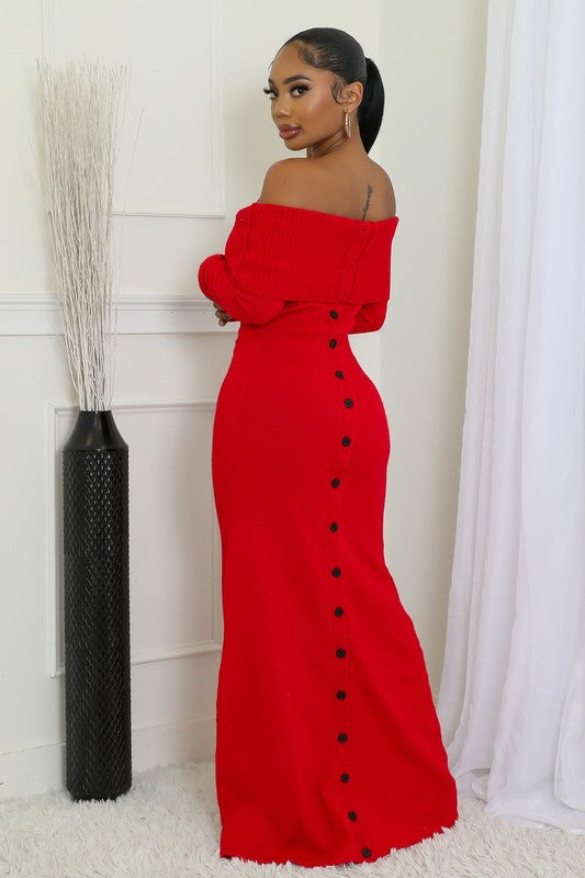 Flattering Off-Shoulder Design Button Down Maxi Dress