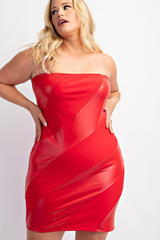 Plus Size Faux Leather Tube Bodycon Mini Dress