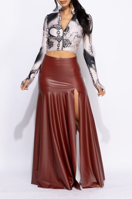 Matte PU Maxi Skirt with High Slit