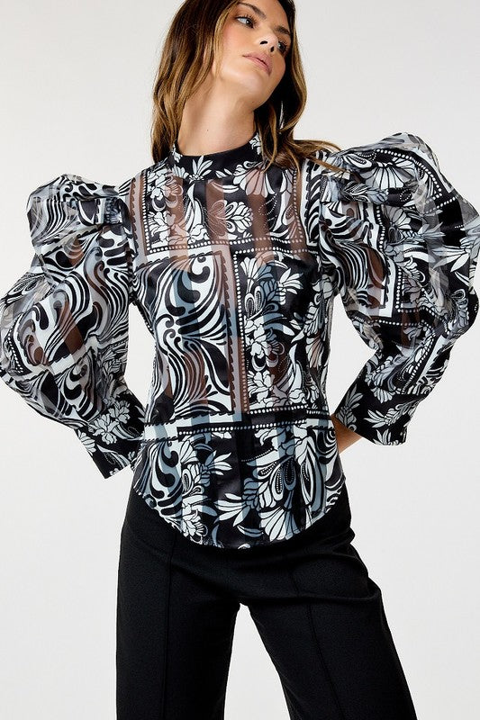 Black Bubble Sleeve Mock Neck Printed Blouse