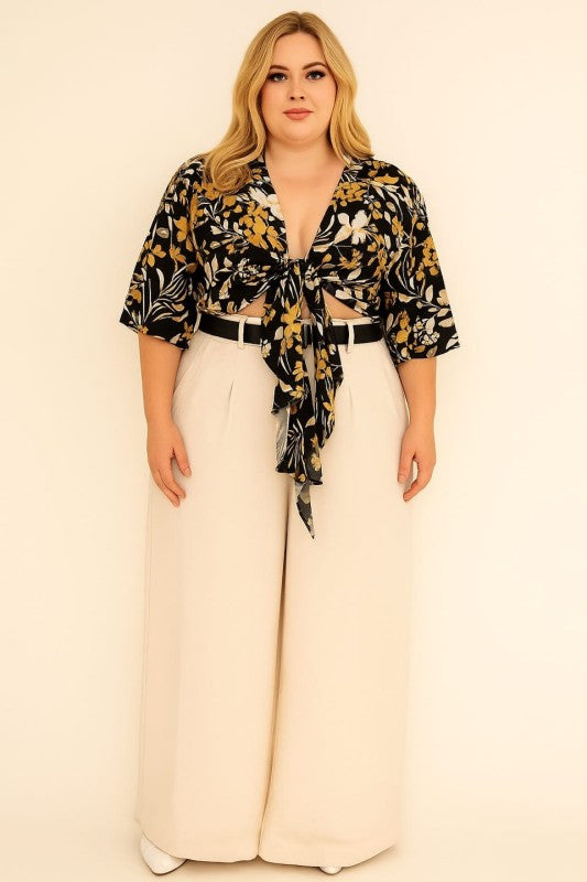Plus Size Floral Tie Front Crop Blouse