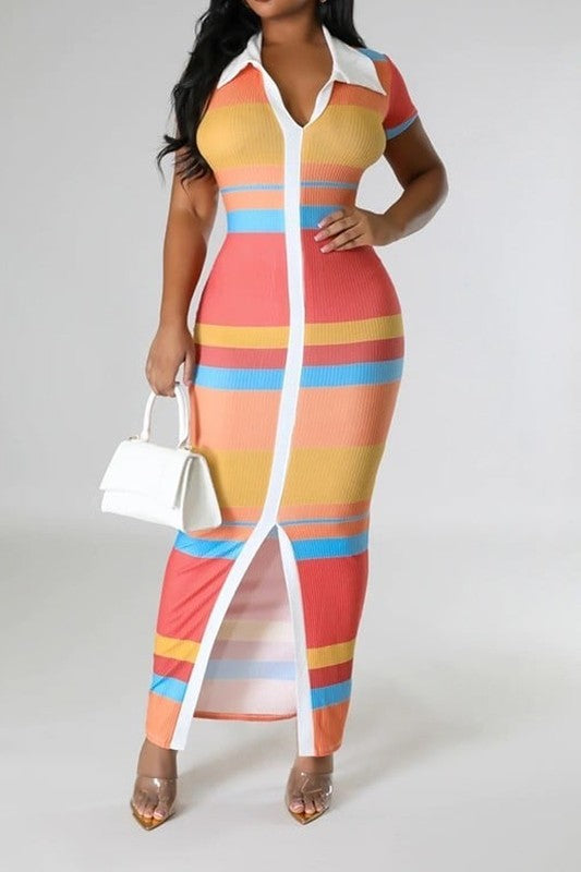 Women's Colorblock Striped Bodycon Ribbed Dress