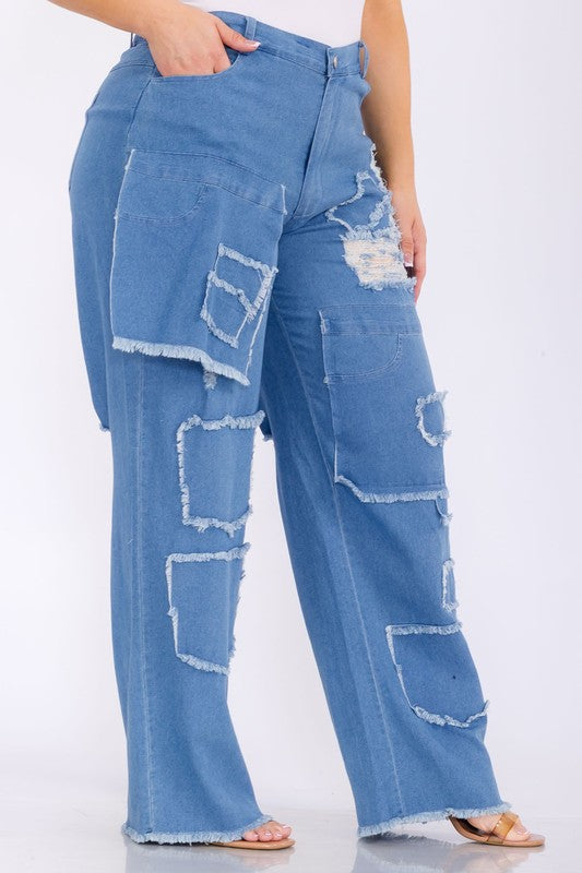 Plus Size Distressed Patchwork Pocket Wide Leg Denim Pants