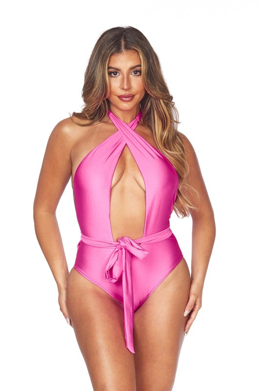 One Piece Open Deep V Front Bathing Suit with Crisscross Halter Necktie