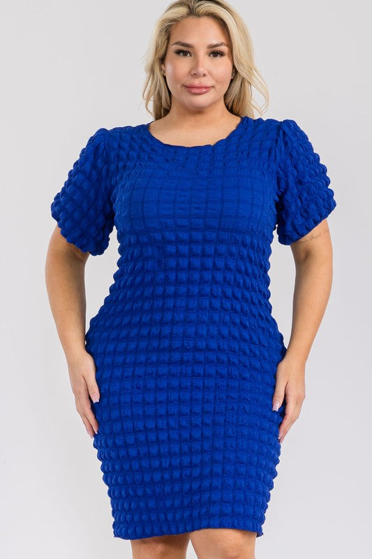 Plus Size Round Neck Puff Sleeve 3D Textured Bubble Dress