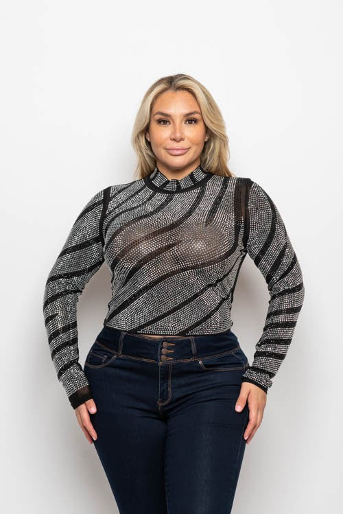 Plus Size Mesh Rhinestone Mock Neck Back Keyhole Long Sleeve Top