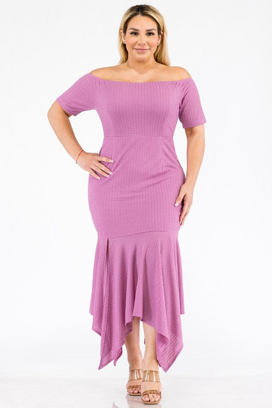 Plus Size Knit Off the Shoulder Shark Bite Hem Dress