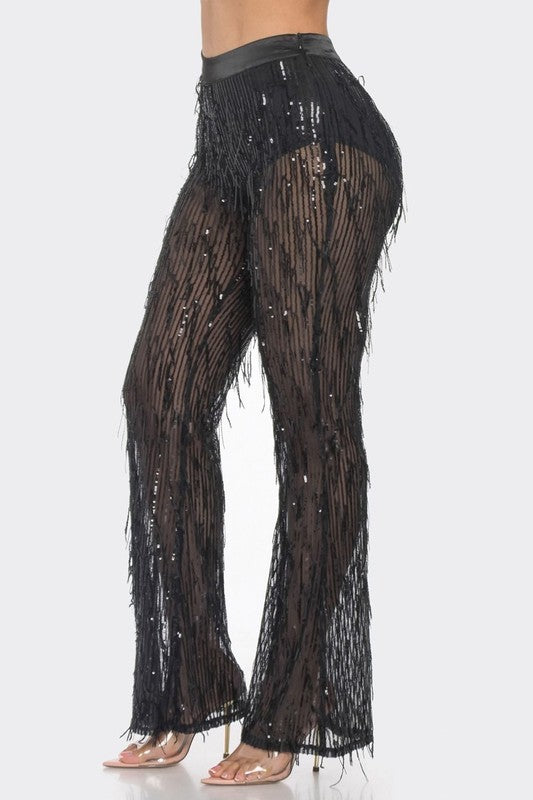 High Waisted Sheer Sequin Wide Leg Pants