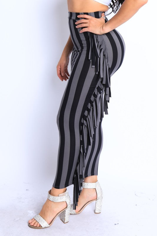 Vertical stripe printed fringed maxi skirt