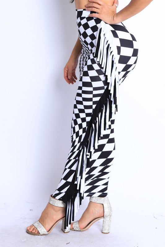 Women's Checkered Maxi Skirt with Fringe Detail
