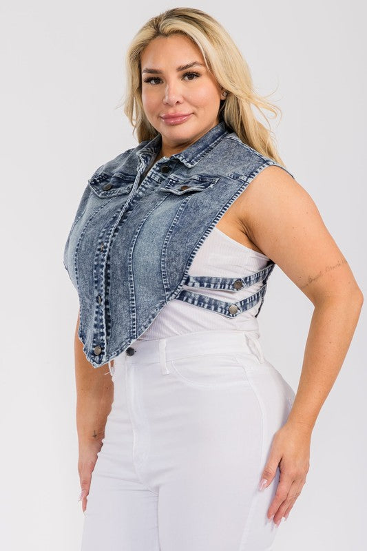 Plus Size Denim Collared Button-Down Crop Vest Top