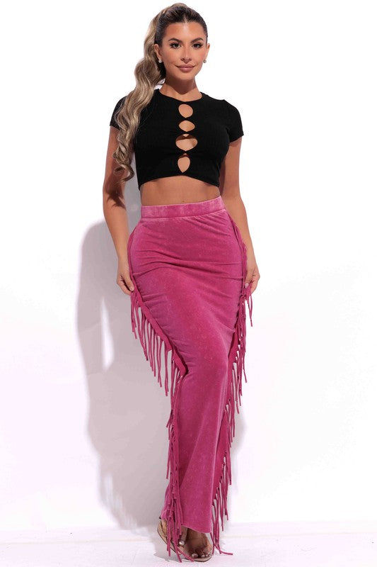 Women's Mineral Washed Fringed Maxi Skirt