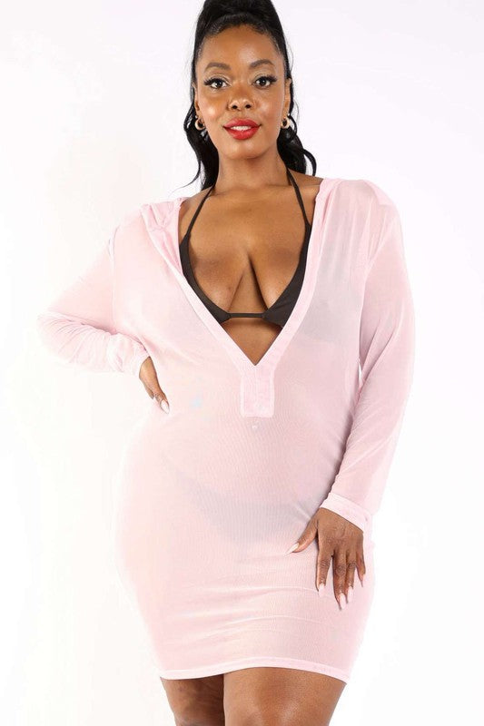 Plus Size Deep V Hooded Mesh Cover up Dress