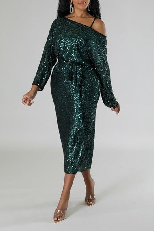 Sequin Off-Shoulder Dress Set with Self-Tie Strap