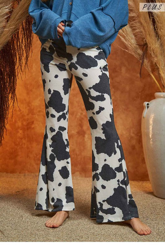 Women's Mocha Cow Print Flared Pants