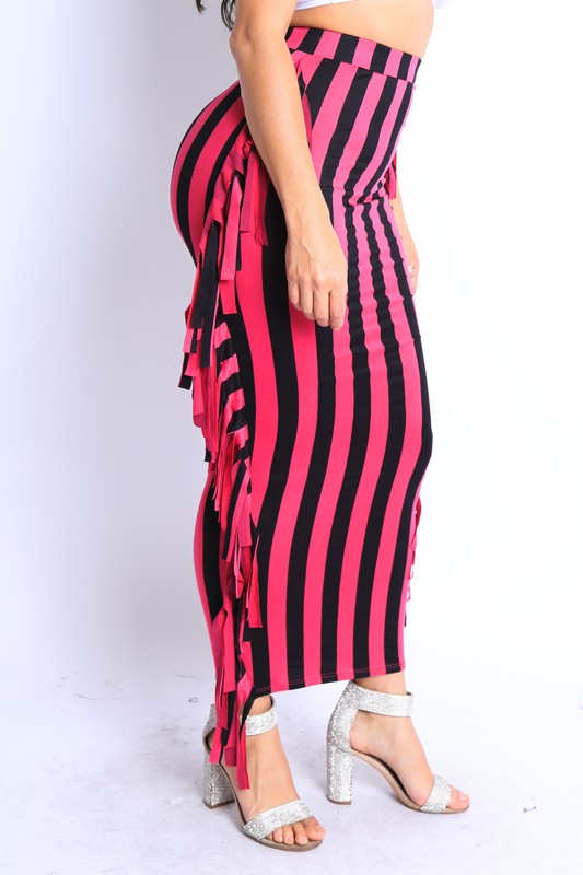 Vertical stripe printed fringed maxi skirt