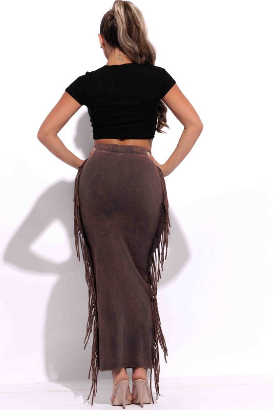 Women's Mineral Washed Fringed Maxi Skirt