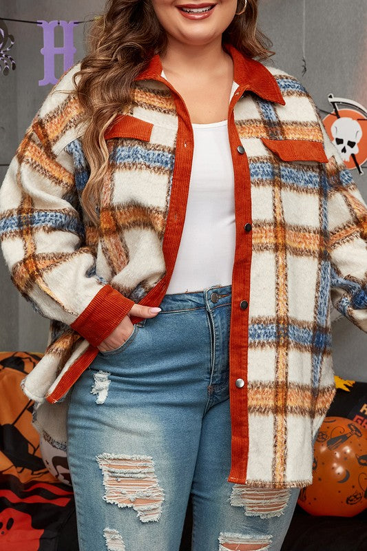 Women Plus Size Plaid Collared Buttoned Jacket