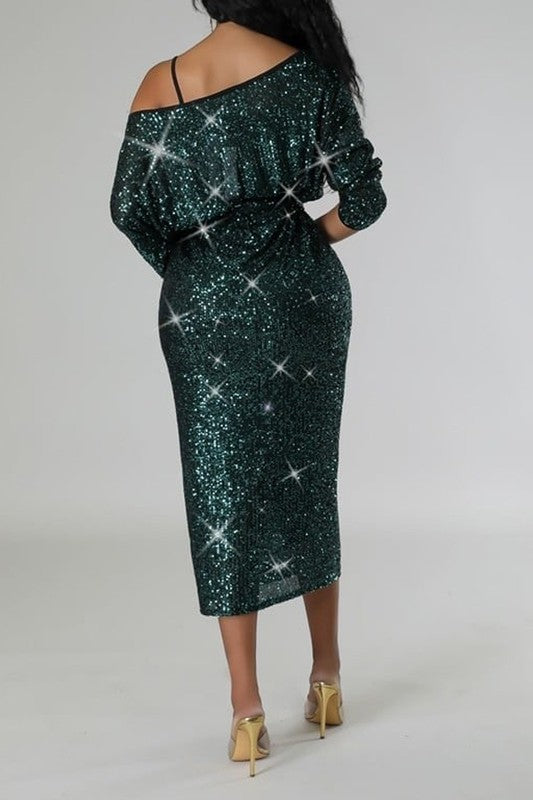 Sequin Off-Shoulder Dress Set with Self-Tie Strap