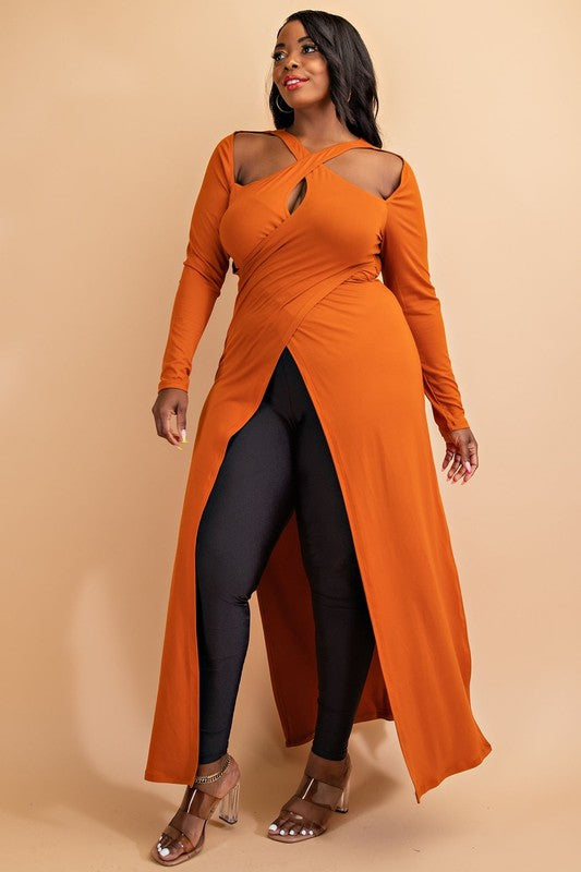 Plus Size Criss Cross Keyhole Cutout Long Sleeve Maxi Top