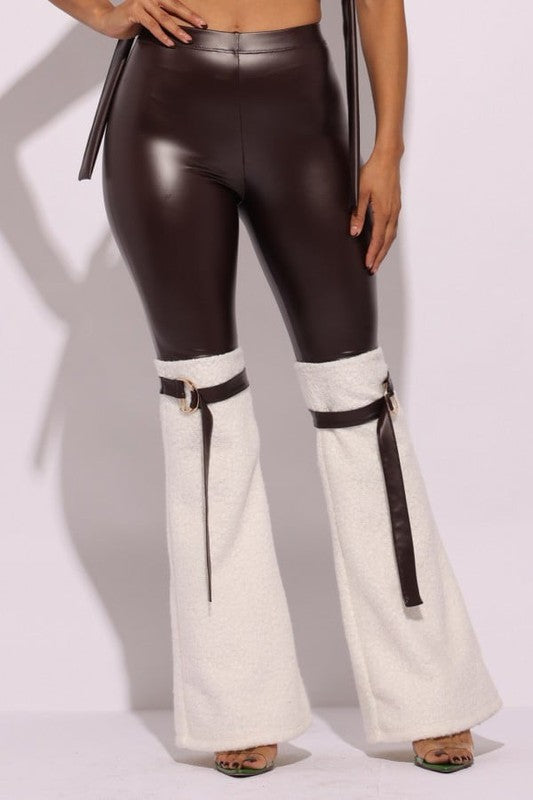 D-ring Detailed PU Leather Contrast Pants