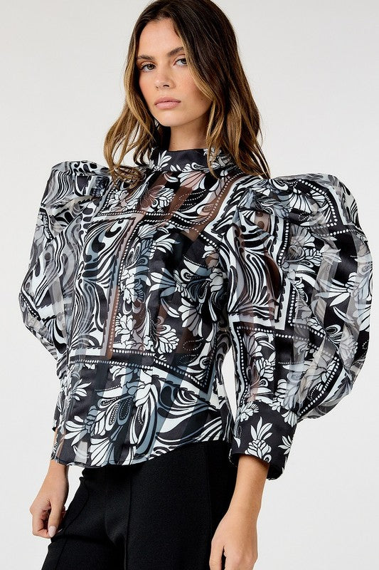 Black Bubble Sleeve Mock Neck Printed Blouse