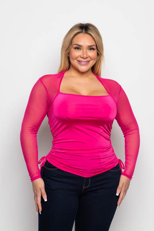 Plus Size Square Neck Mesh Sleeve Ruched Top