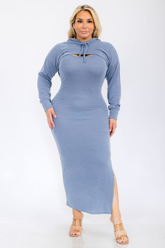 Plus Size Knit Side Pocket Maxi Dress with Crop Hoodie Top Matching Set