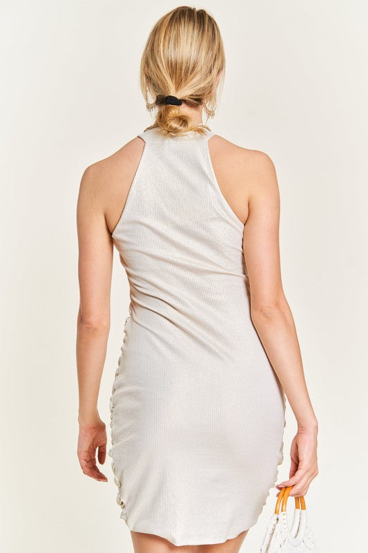 Foggy Foil Overlap Shirred Mini Dress