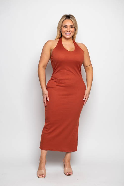 Plus Size Rib Knit Halter Neck Side Slit Midi Dress