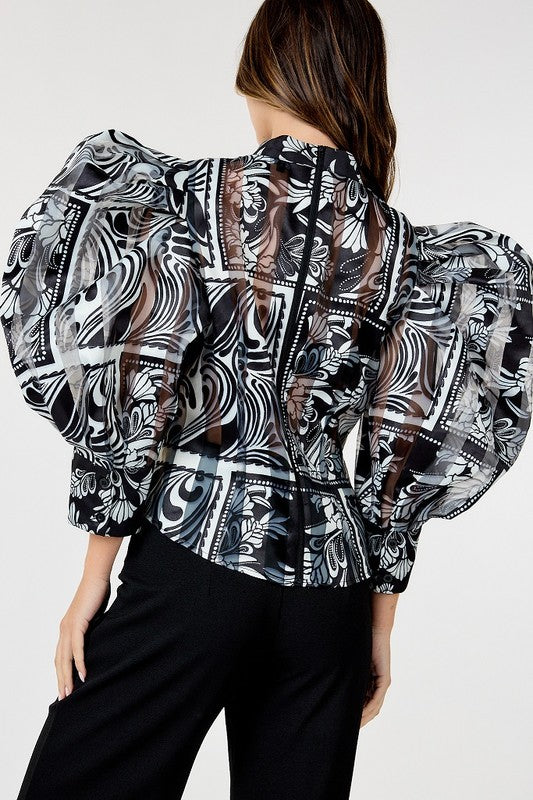 Black Bubble Sleeve Mock Neck Printed Blouse