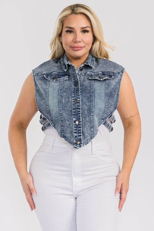 Plus Size Denim Collared Button-Down Crop Vest Top