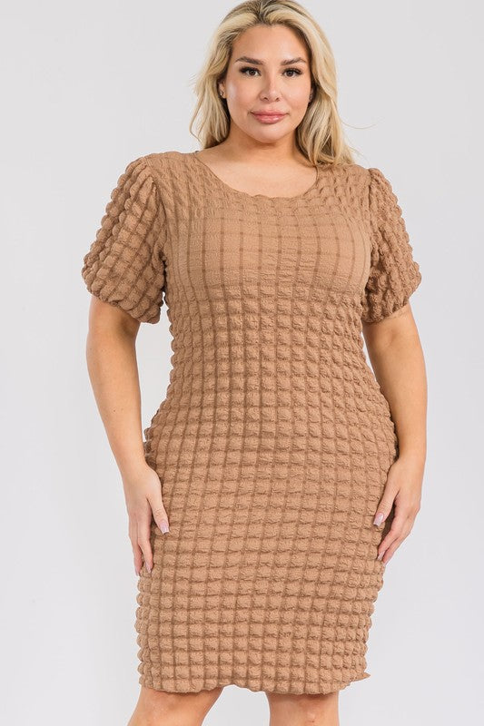 Plus Size Round Neck Puff Sleeve 3D Textured Bubble Dress