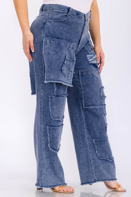 Plus Size Distressed Patchwork Pocket Wide Leg Denim Pants