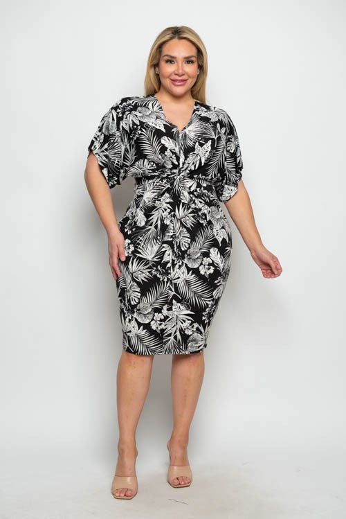 Plus Size Tropical Print Twist Midi Dress