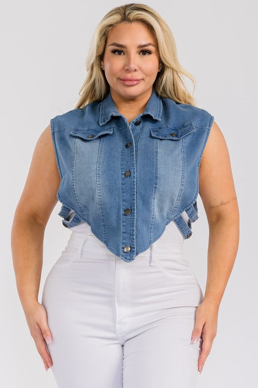 Plus Size Denim Collared Button-Down Crop Vest Top