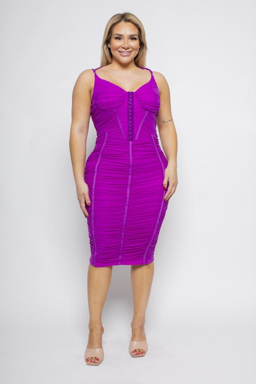 Plus Size Mesh Ruched Hook Eye Corset Bodycon Dress