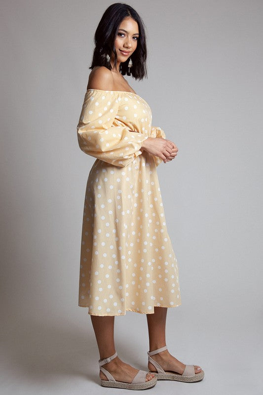 Women's Yellow Polka Dot Off the Shoulder Midi Dress
