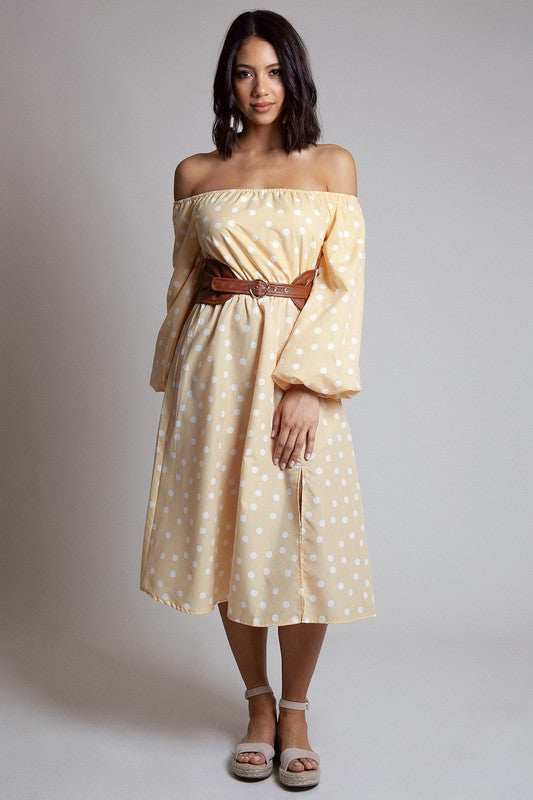 Women's Yellow Polka Dot Off the Shoulder Midi Dress
