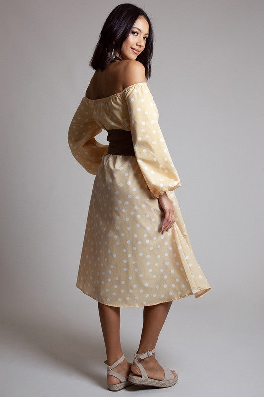 Women's Yellow Polka Dot Off the Shoulder Midi Dress