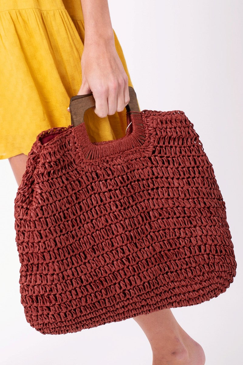 Natural Straw Crochet Bag with Wooden Handle Purse