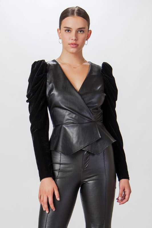 Women's Velvet Puff Sleeve Leather Top