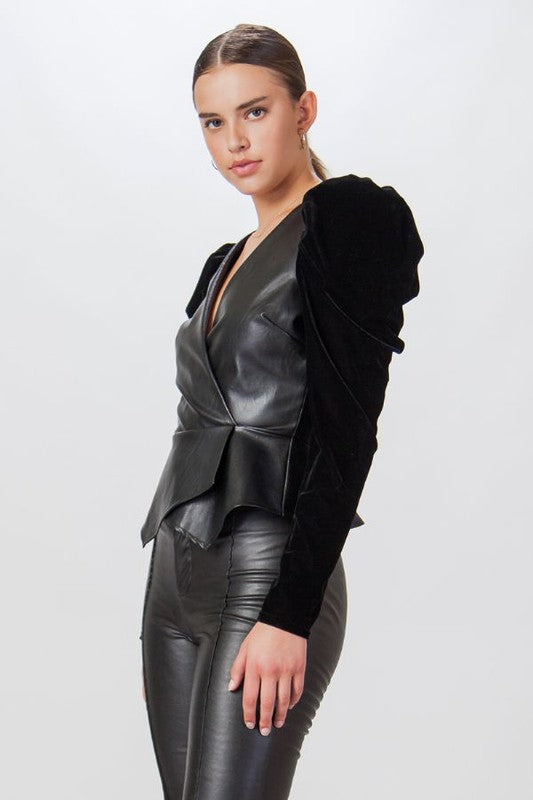 Women's Velvet Puff Sleeve Leather Top