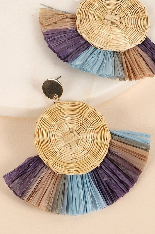 Round Rattan Raffia Fringe Dangle Earrings