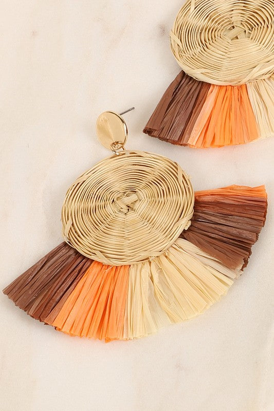 Round Rattan Raffia Fringe Dangle Earrings