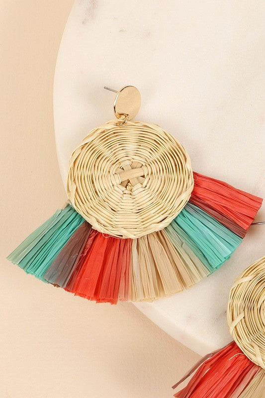 Round Rattan Raffia Fringe Dangle Earrings